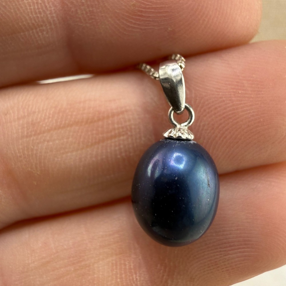 Blue Teardrop Pearl Necklace 925 Sterling Silver  AGI Pendant  19"